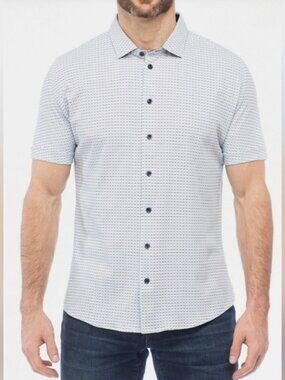Modern English Grid Print Stretch Button Shirt Mens Medium Casual